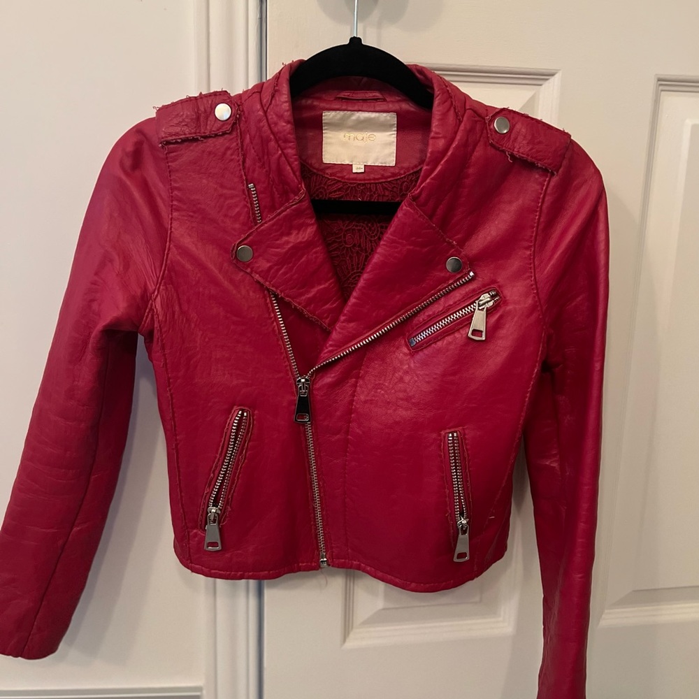 Maje Red Cropped Leather Jacket